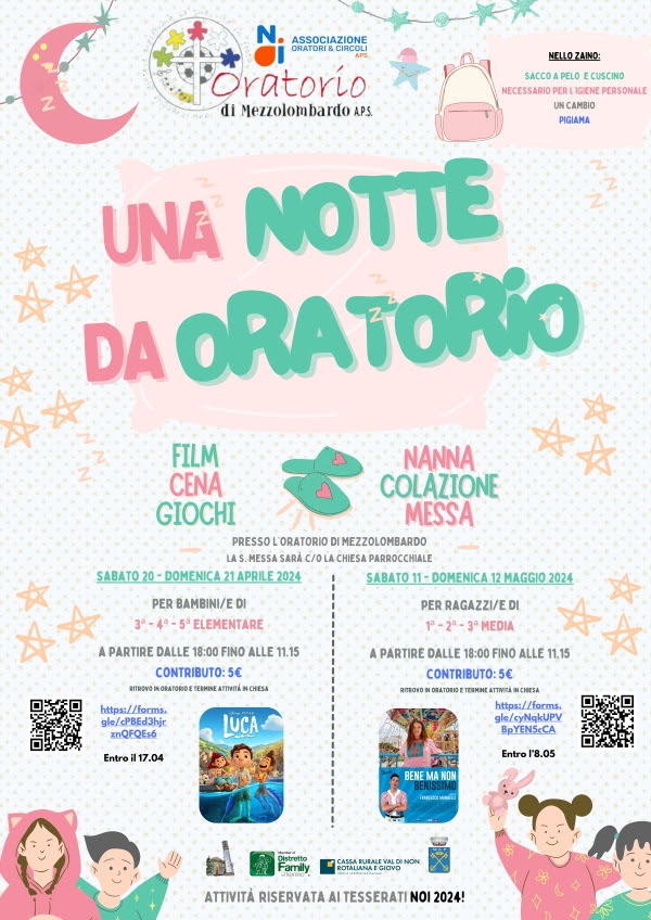Notte da oratorio aprile Oratorio Mezzolombardo 2024